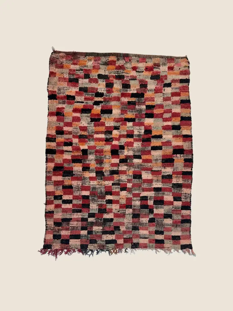 Beni M'guild rug 128x170cm, vintage Beni M'Guild handwoven wool with crimson, beige, gray & orange geometric motifs