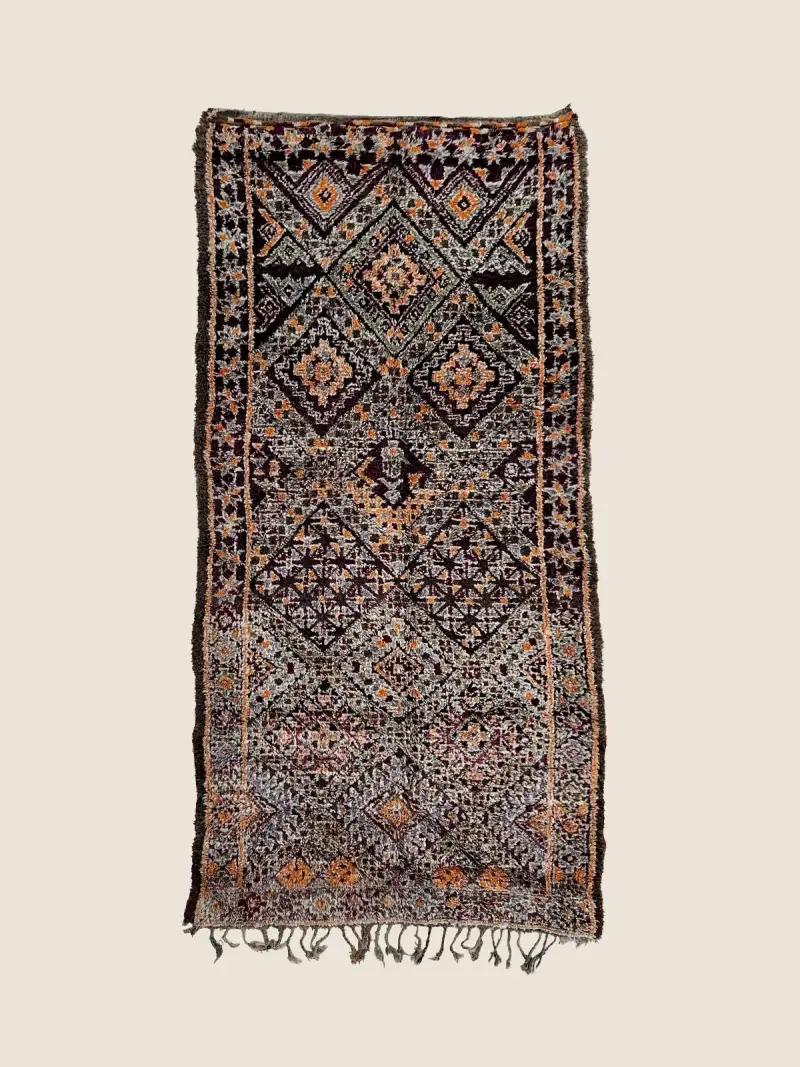 Beni M'guild rug 198×400cm, vintage Beni M'Guild tribal design in dark berry and warm orange, handwoven wool