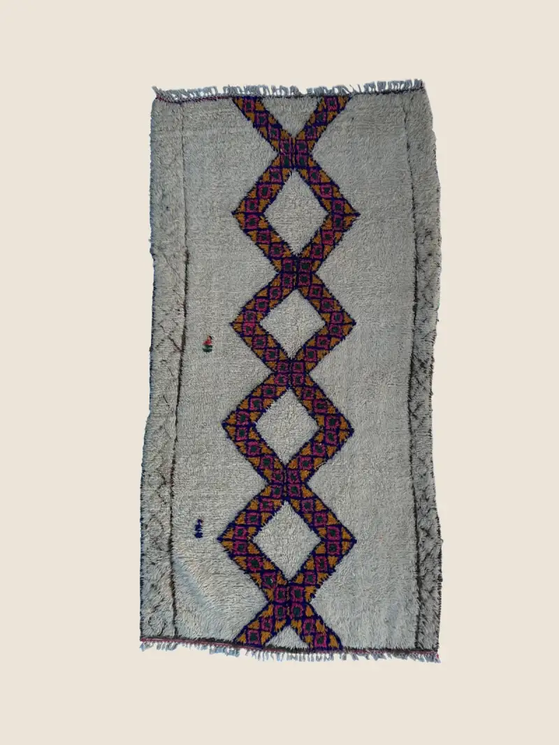 Beni M'guild rug 107×210cm, vintage Beni M'Guild handwoven wool with forest green, magenta & gold geometric pattern