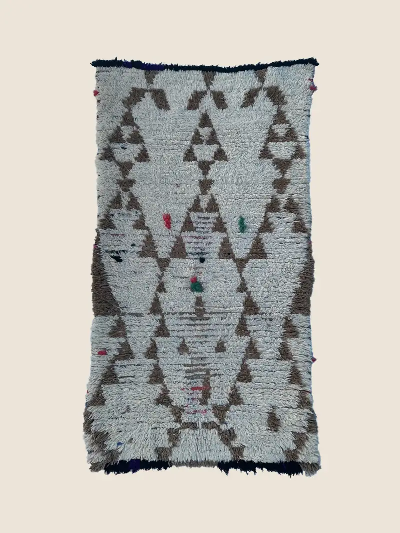 Beni M'guild rug 100×190cm, vintage handwoven wool rug in light gray, warm brown, and dark navy blue