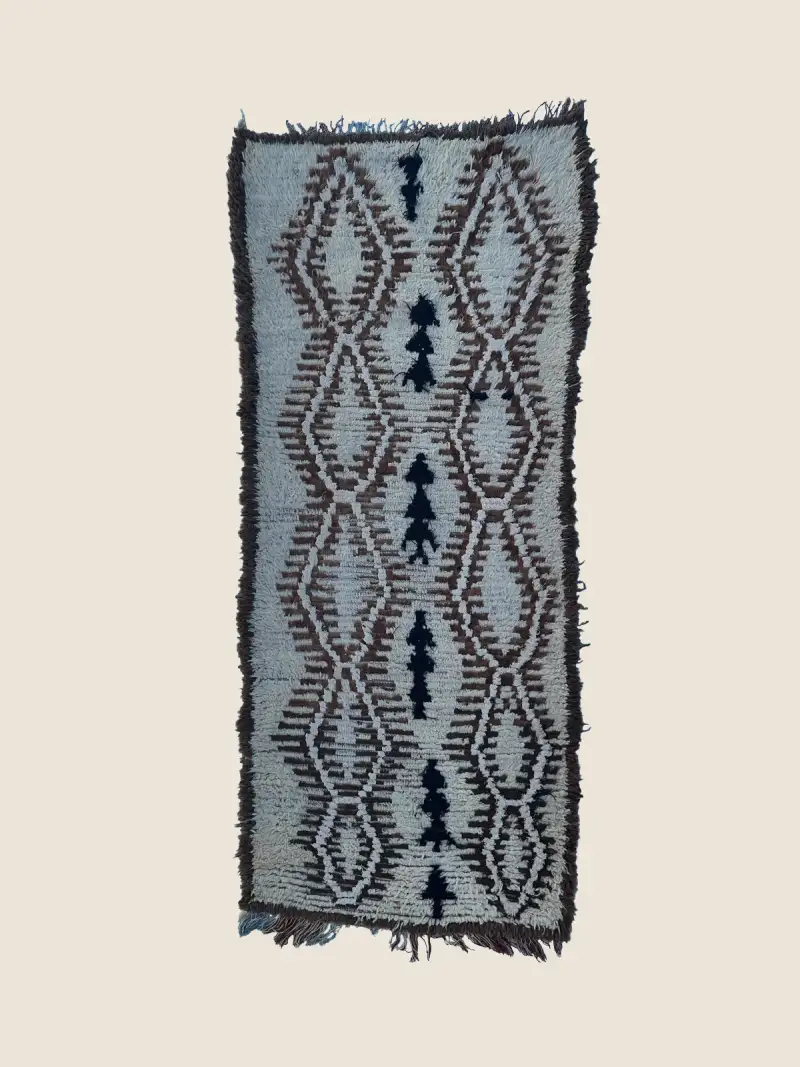 Beni M'Guild rug 95×225cm, vintage Beni M'Guild runner in warm gray, navy, brown, handwoven wool with geometric stripe pattern