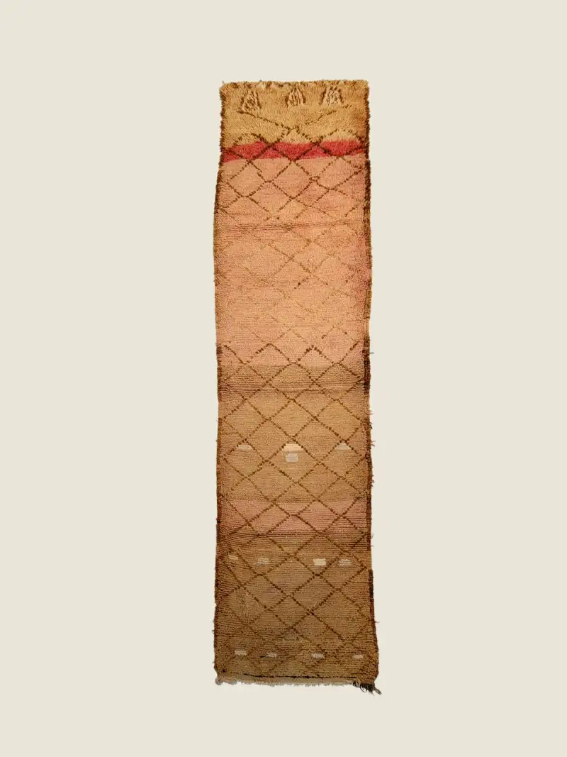 Authentic Azilal vintage runner 310×80cm, handwoven wool rug with terracotta and earth tone geometric patterns.