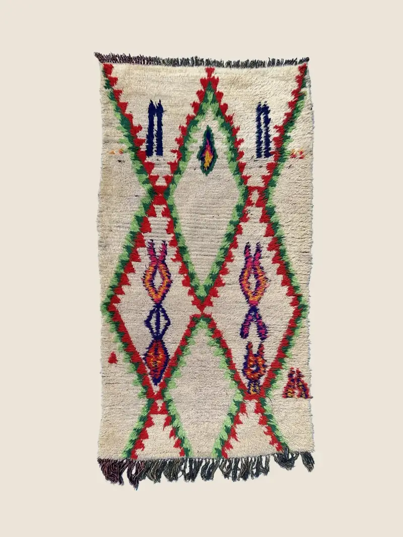 Azilal Rug 100×180cm, vintage Moroccan rug with beige, red, teal, and rose geometric pattern, handwoven wool