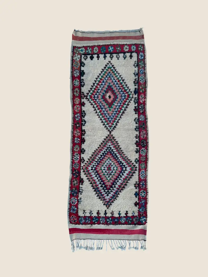 Azilal Rug Gray Green Red Teal 100×260cm, vintage Moroccan art rug with abstract geometric symbols, handknotted wool