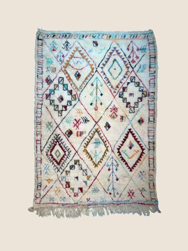 Vintage Azilal rug 170×260cm, handwoven geometric Berber design in rose red and mustard.