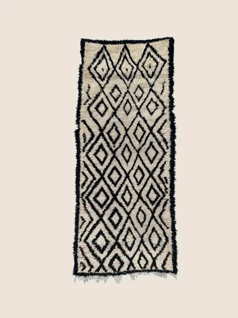 Beni M'Guild rug 90×215cm, vintage Beni M'Guild runner with warm beige and charcoal stripes, handwoven wool