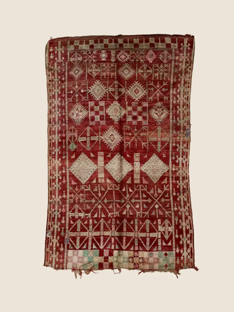 Izrin Beni M'guild rug 190×310cm, vintage handwoven wool rug with dark red and warm beige geometric pattern