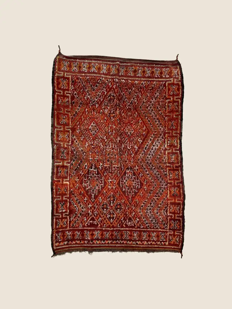 Handwoven Beni M'Guild rug 220×320cm, vintage deep burgundy and rust berber rug with geometric tribal motifs