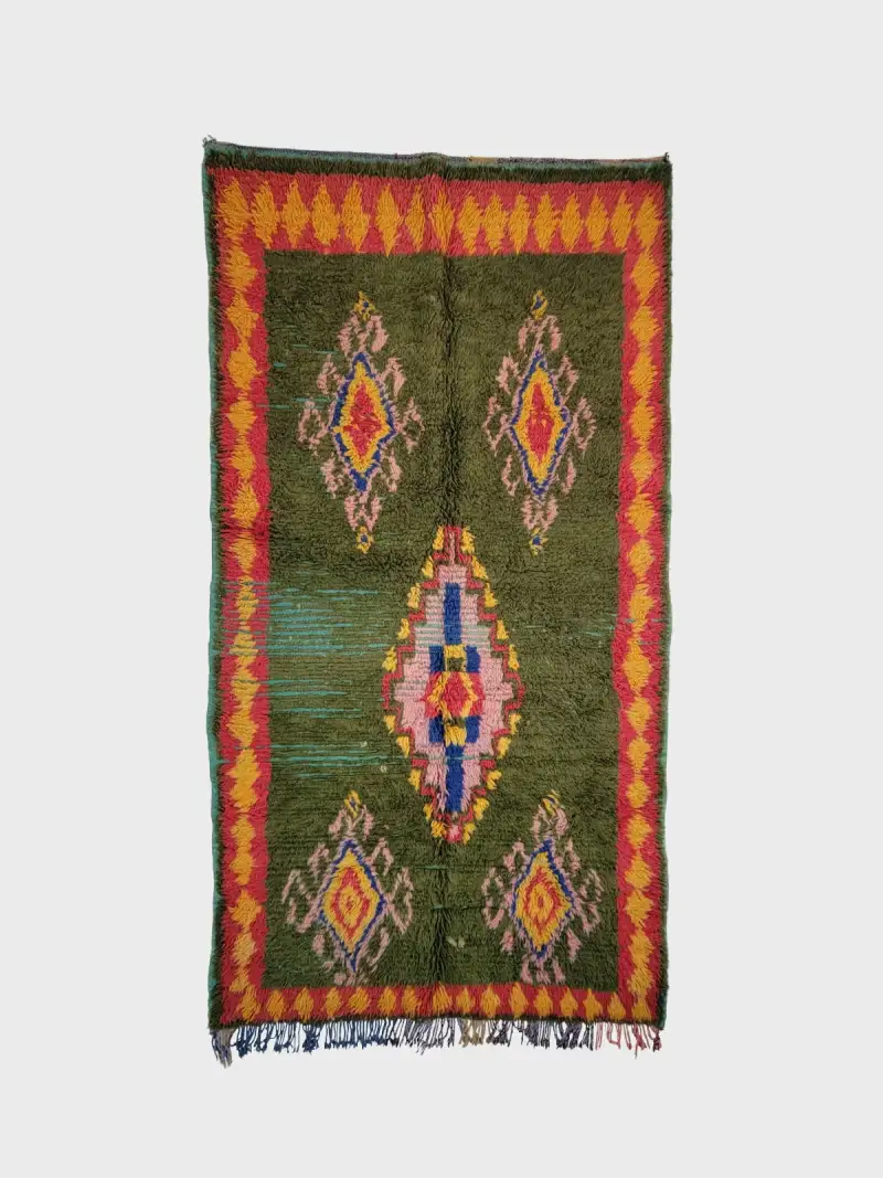 Vintage Beni M'guild rug 147×275cm, handwoven wool in muted olive gray and slate blue with light warm beige.