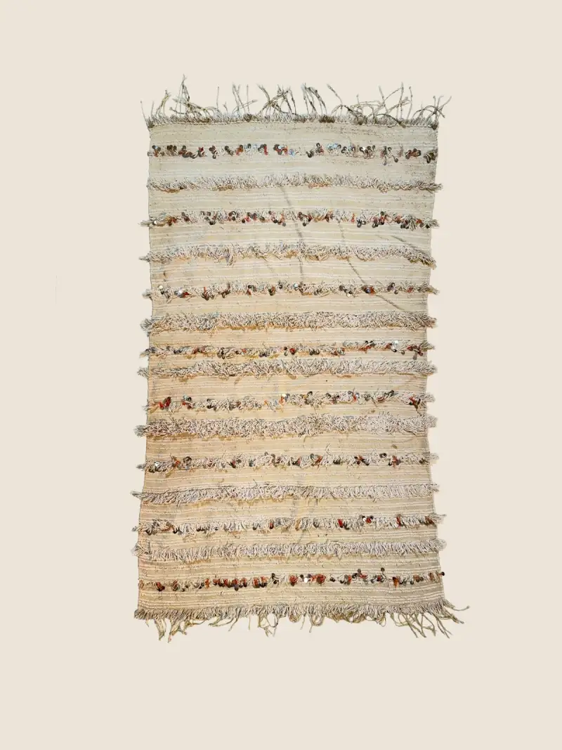 Vintage Beni M'guild rug 80×140cm, handwoven wool with a serene beige and gray geometric pattern.