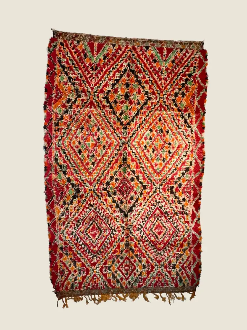 IZRIN - Vintage Beni M'Guild rug 108×336", vibrant red & charcoal brown tribal pattern, handwoven wool craftsmanship.