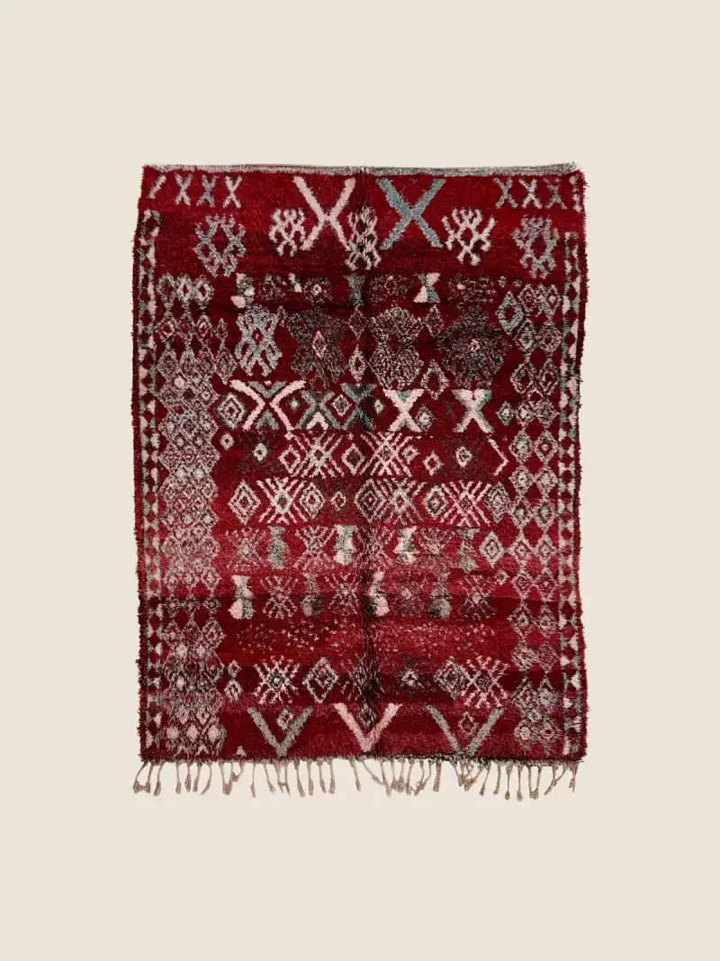 Beni M'Guild rug 130×250cm, vintage Beni M'Guild rug with geometric patterns, handwoven wool with rustic red, teal, and beige stripes