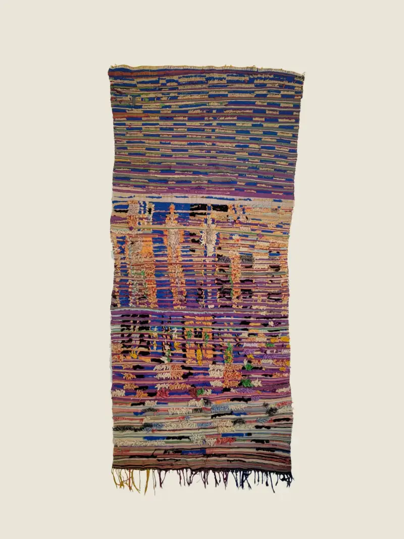 Vintage Boucherouite rug 130×290cm, handwoven recycled textile rug in serene blues and earthy neutrals.