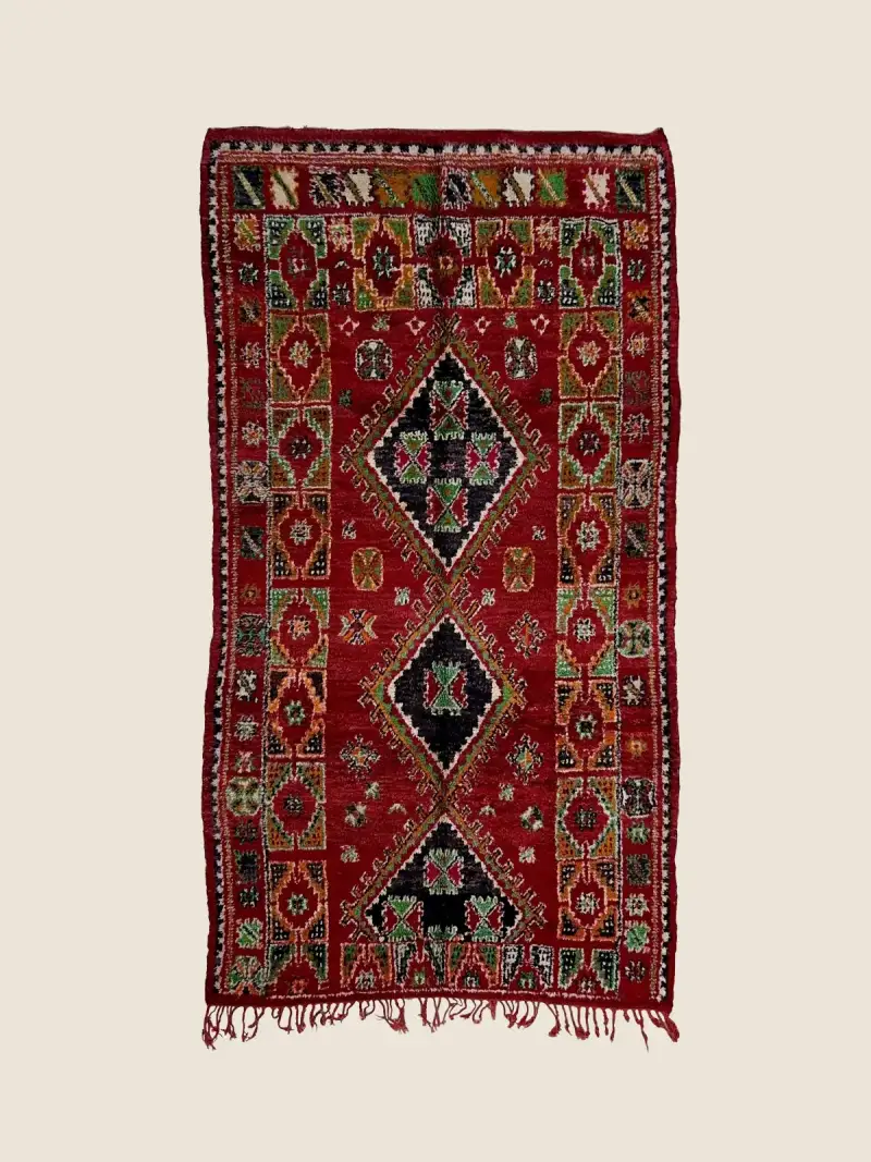 Boujad vintage rug 197×350cm, handwoven wool with deep crimson, warm gray, green, beige, pink-red, and orange-brown tones.