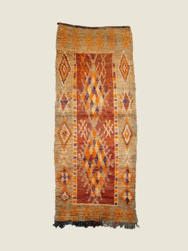 Boujad rug 100x240cm, vintage berber carpet with warm orange and deep amber brown handwoven stripes.