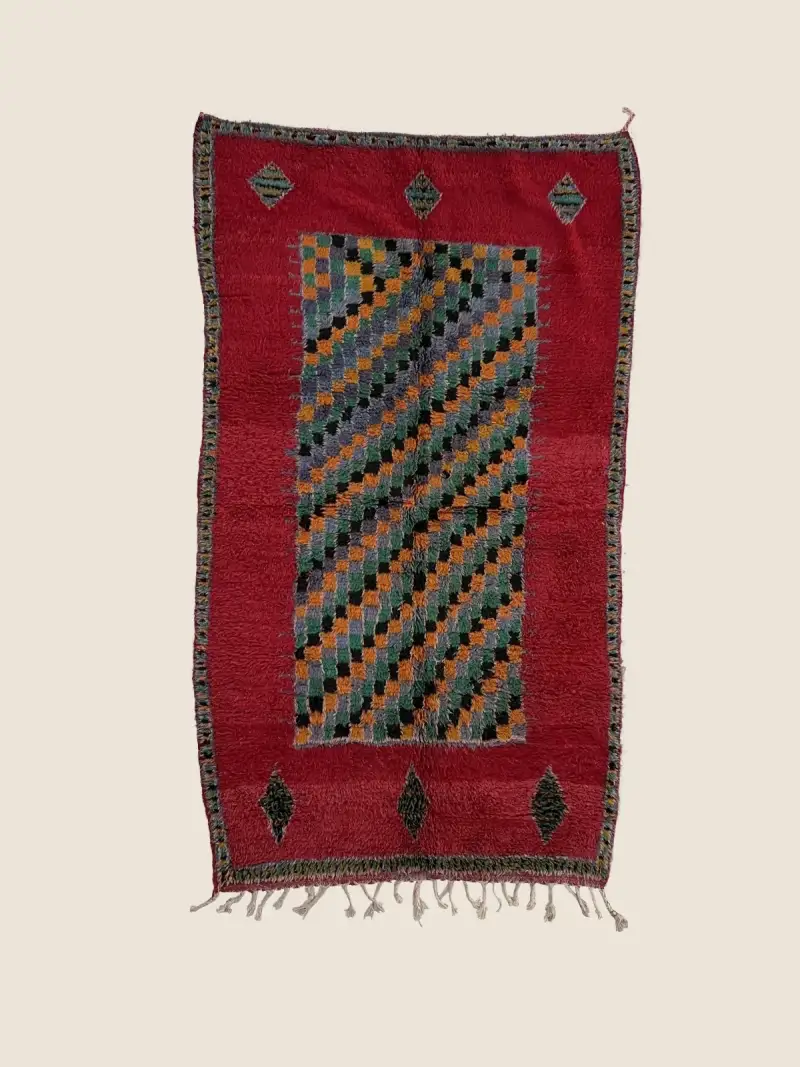 Boujad rug 132×230cm, vintage Moroccan handwoven wool with vivid red, warm gray, and orange-brown accents