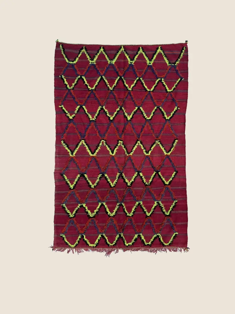 Crimson Talsint rug 150×230cm, vintage Talsint runner with warm coral and violet-gray tones, handwoven wool
