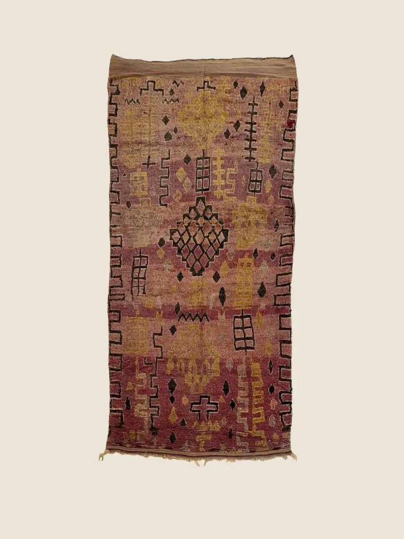 Dusty Rose Talsint rug 174×380cm, vintage handwoven wool rug with warm gold and dark gray geometric motifs