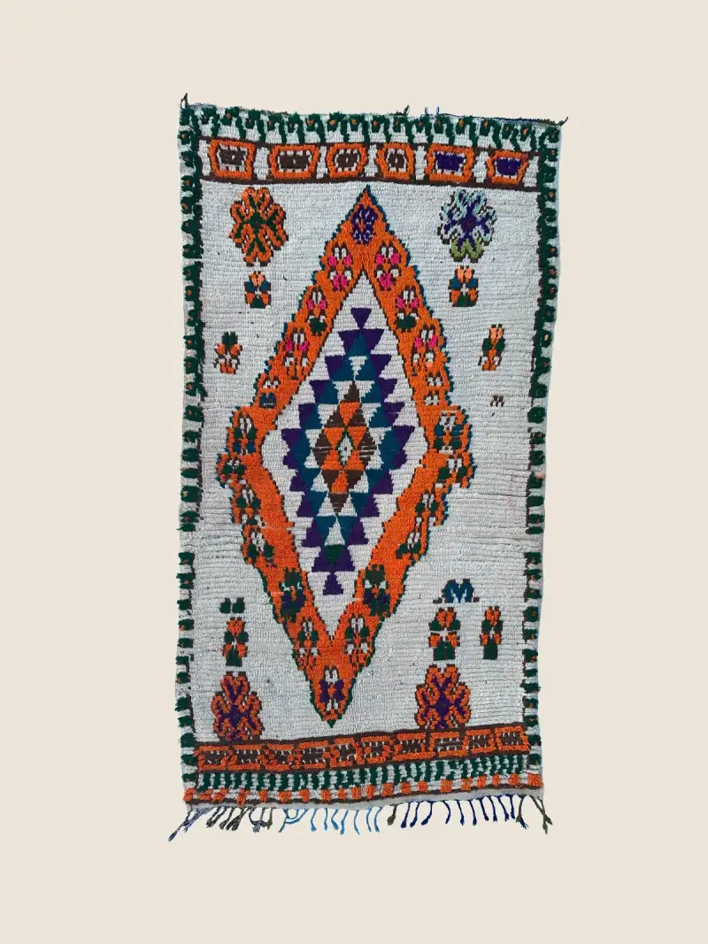 Handwoven Beni M'guild rug 104×197cm, vintage berber rug with gray, teal, and orange geometric accents