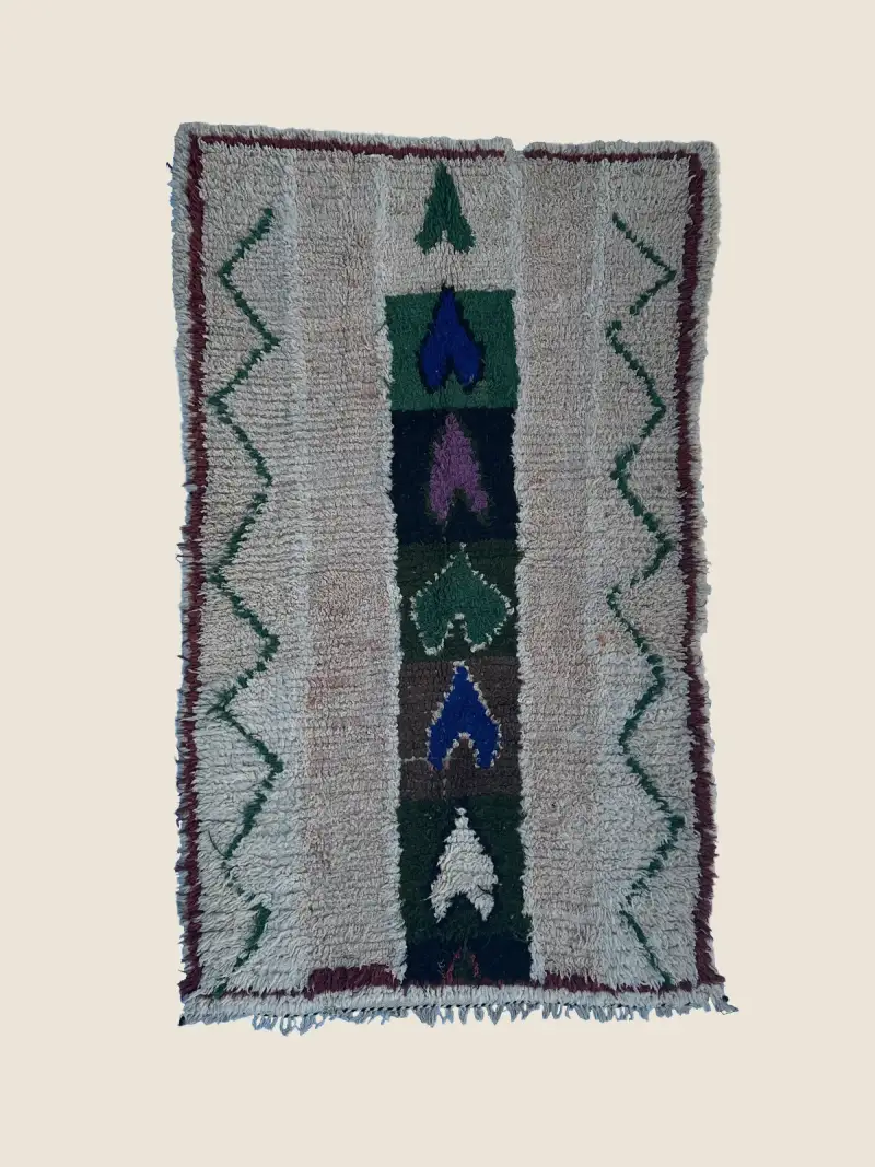 Handwoven Beni M'guild rug 120×200cm, vintage berber rug with geometric motifs in light gray, teal, and warm brown