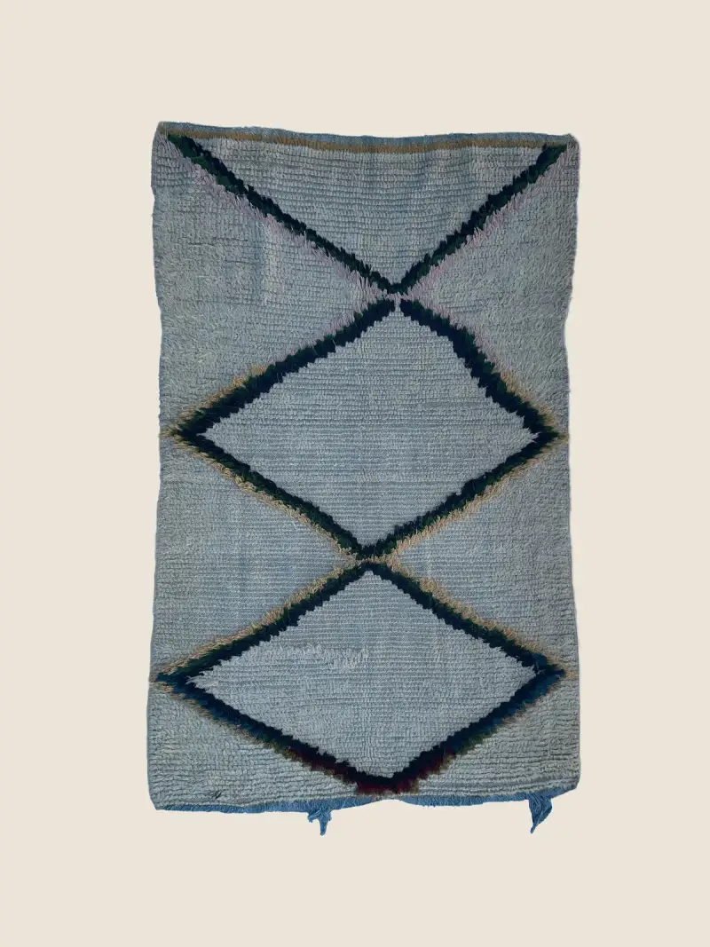 Handwoven Beni M'guild rug 124×204cm, vintage berber rug in slate blue and teal green with geometric pattern