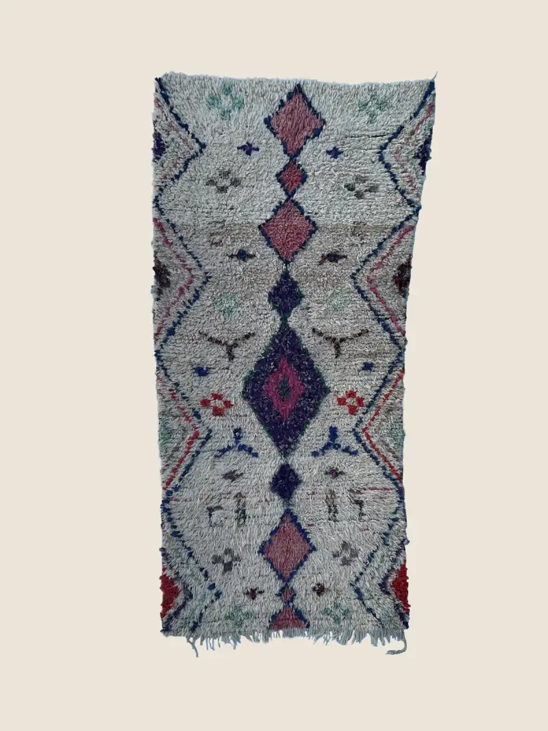 Handwoven Beni M'guild rug 103×230cm, vintage berber rug in warm rose and gray with geometric patterns