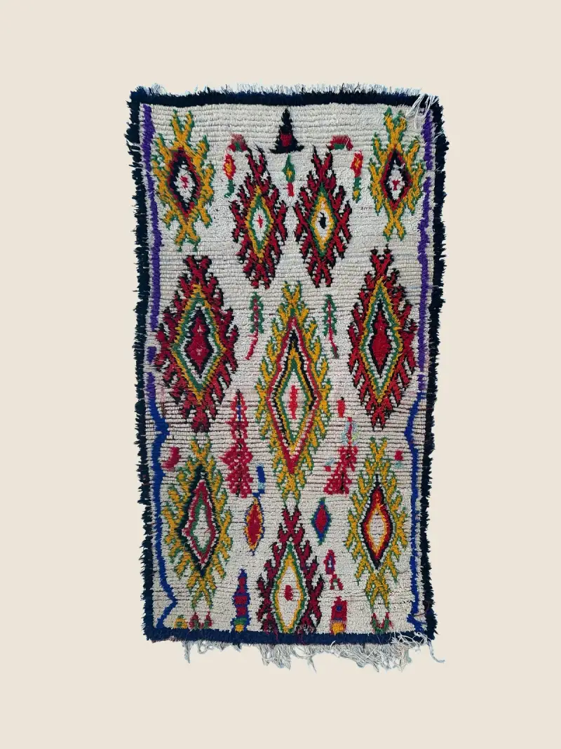 Handwoven Azilal rug 110×200cm, vintage Azilal with warm gray and red accents, handknotted Berber wool with abstract geometric symbols
