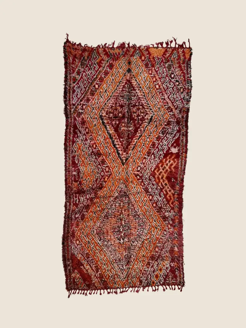 Marmoucha Rug 200×390cm, vintage Marmoucha rug with crimson orange beige gray palette, handwoven wool with traditional geometric motifs