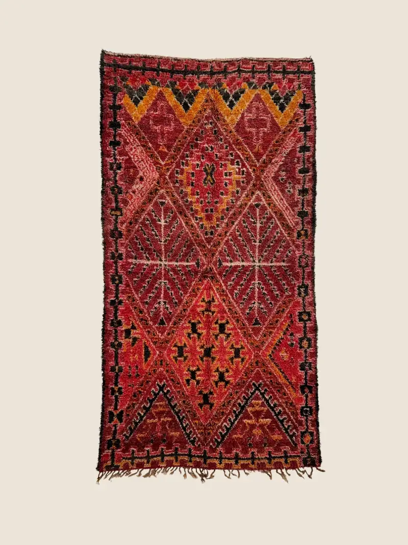 Marmoucha rug 187×350cm, vintage medium red and warm orange-brown beige, handwoven wool with geometric tribal pattern