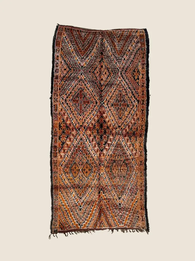 Marmoucha Rug Warm Orange, Reddish Brown & Gray 210×435cm, vintage handwoven wool rug with geometric tribal pattern