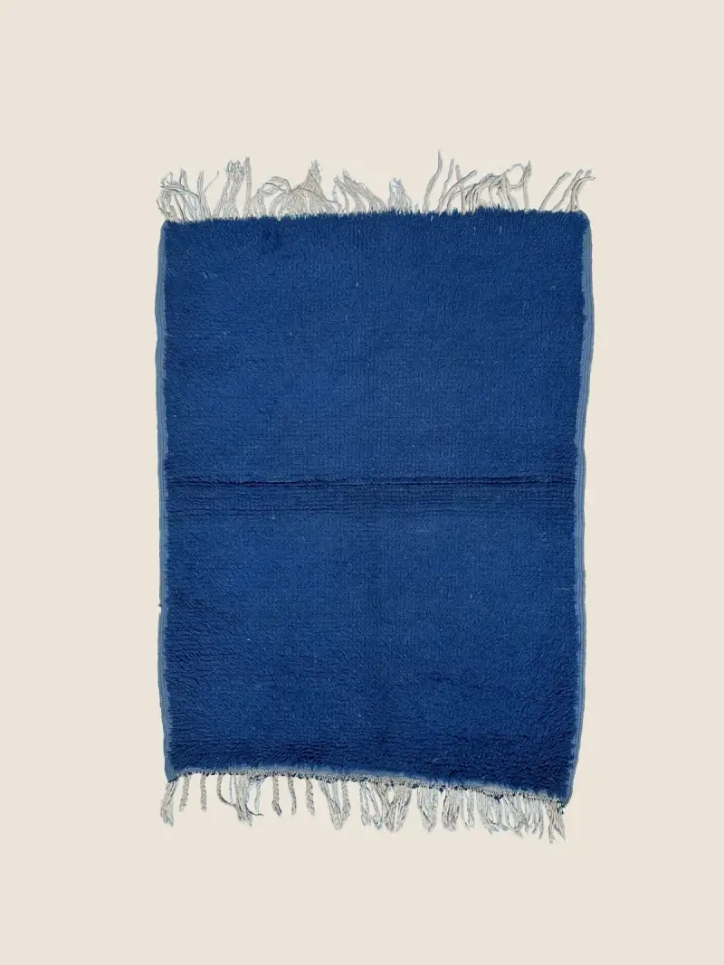 Medium Blue Beni M'guild rug 140×150cm, vintage Beni M'Guild rug with geometric motifs, handcrafted in Morocco