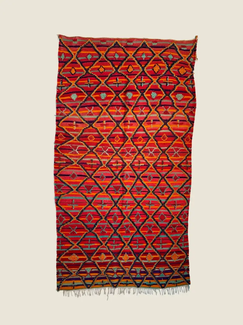 Talsint Rug 144×260cm, vintage crimson orange gray Moroccan wool, handwoven berber craftsmanship