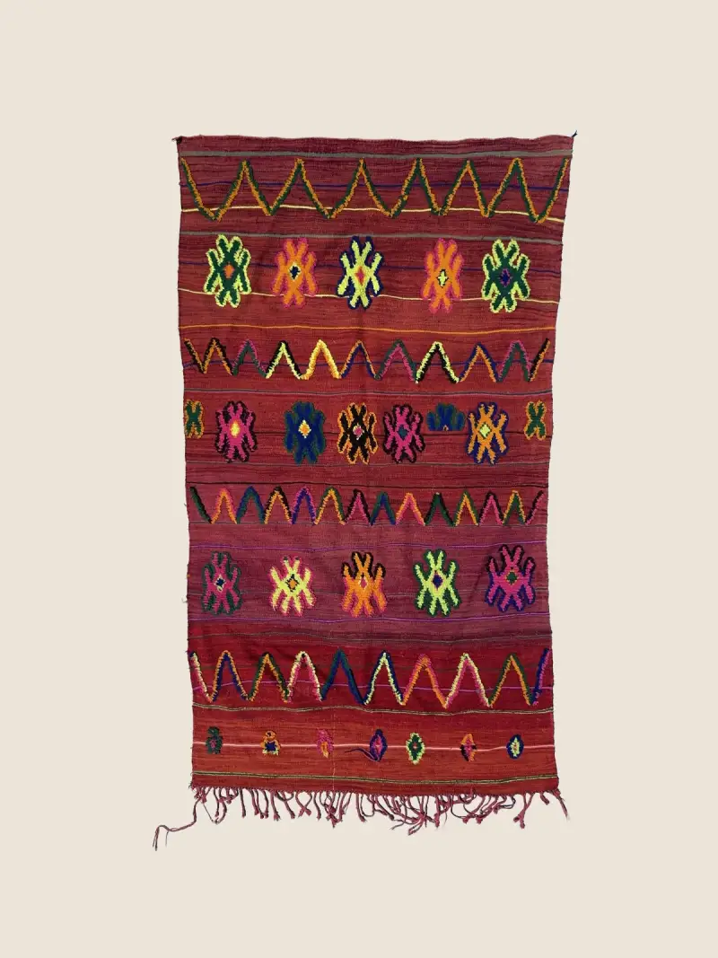 Talsint Rug Dark Blue Teal Magenta 137×240cm, vintage Moroccan art rug handwoven with geometric patterns and fringe