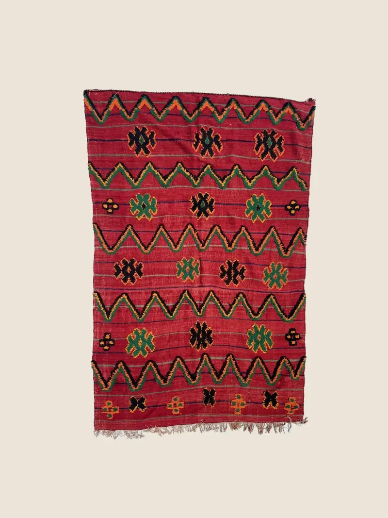 Talsint vintage rug 137×240cm, warm orange dark brown red Moroccan art with handwoven geometric tribal pattern
