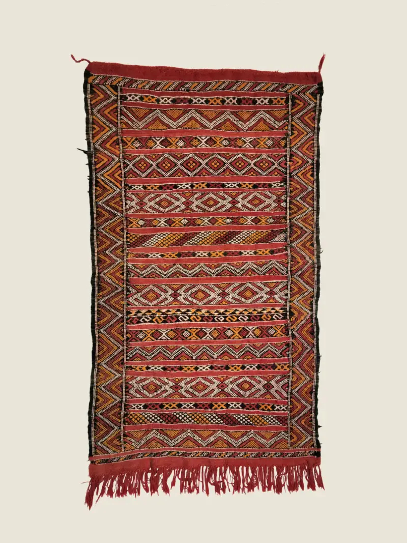 Terracotta & Gold Kilim Rug 85×150cm, vintage Moroccan handwoven flatweave with geometric patterns.