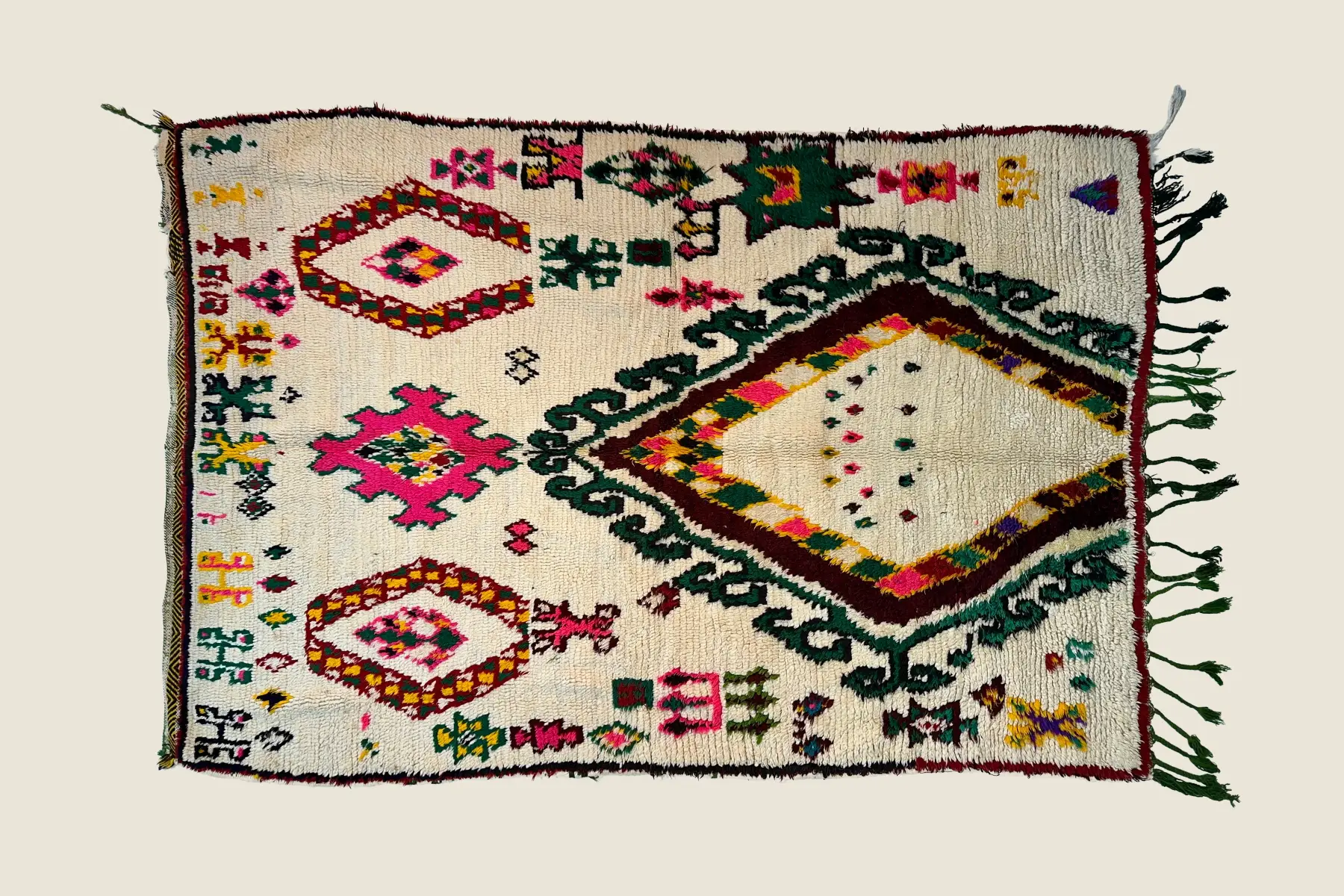 Azilal rug detail showing hand-spun wool texture and tribal geometric pattern craftsmanship